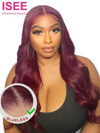  ISEE Wear Go 99J Burgundy Color Pre Plucked Pre Cut 6x4 Transparent Lace Body Wave Glueless Wig 180% Density Colored Closure Wigs Human Hair 16-28 Inch For Women