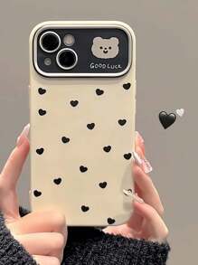 Funda de teléfono con diseño de oso de peluche en forma de corazón negro minimalista, con ventana grande personalizada y diseño de funda protectora suave todo incluido, regalo del Día de San Valentín para iPhone 15 14 13 12 11 Plus Pro Max - Multicolor - Ver 2