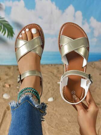 Casual Fashion Summer New Thick Sole Lightweight Criss-Cross Strap Breathable Non-Slip Flat Women Beach Sandals, Essential For Summer: Flat Criss-Cross Strap Sandals For Women, Casual Fashion Versatile Solid Color Strap Outdoor/Office, Leading The