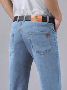 Business Style Straight Leg Stretch Jeans - Baby Blue - View 3