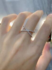 1pc S925 Sterling Silver Cross Design Synthetic Cubic Zirconia Ring, Fashion & Elegant Lady Daily Wear Quality Jewelry