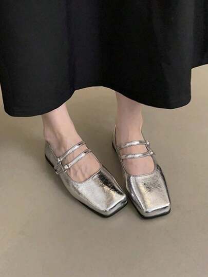 Zapatos Mary Jane con puntera cuadrada,Zapatillas planas de mujer,Pisos franceses,Mary Jane con cabeza cuadrada y boca poco profunda