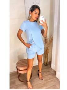 CONJUNTO FEMININO VERÃO BLUSA TRANSPASSADA/CRUZADA/ MULLET E SHORT EM VISCOLYCRA - Azul bebê - Visão 4