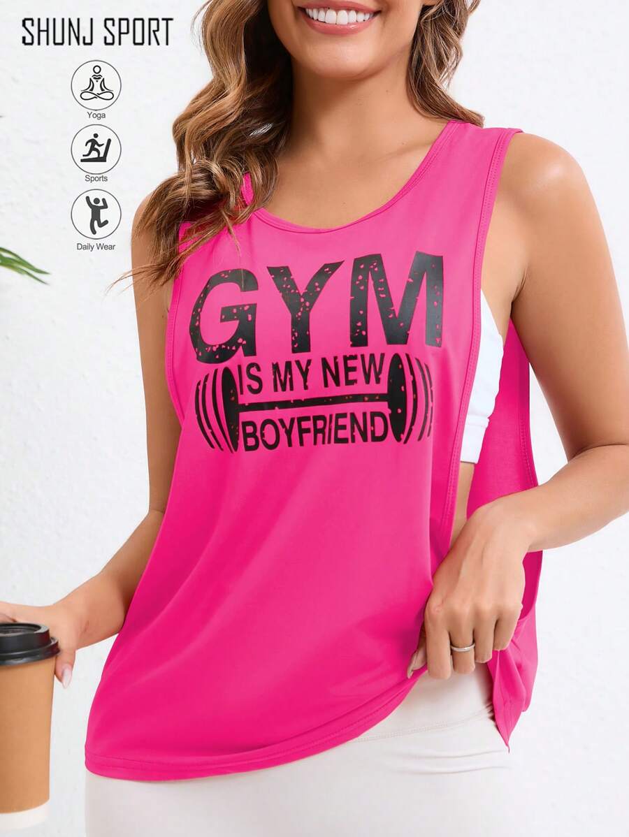 New Season Women's Fitness T-Shirt, Fashion Letter Graphic Printed Athletic Tank Top, Workout Racerback Top, Pink Gym Training Tops - Hot Pink - View 1