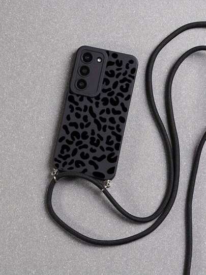 Lanyard Perforated Straight Edge Black Leopard Print Painted Anti-Drop Phone Case, Compatible With Iphone 14 Pro Max, 13, 12, 11, XR, 7/8, Series, Compatible With Redmi Series, And More Models Waterproof Shockproof Scratch Resistant,International Version, Not The Domestic Version