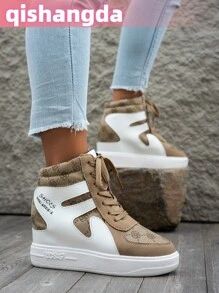 qishangda Fall/Winter Women's Platform Wedge Sneakers, Casual Sports Shoes With 8cm Hidden Heel, Thick Sole Athletic Shoes, Running Shoes - Khaki - View 2