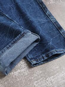 男式深蓝色褶皱风琴侧袋修身直筒牛仔裤