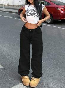 Jeans in denim a gamba ampia, colore solido, effetto lavato, per uso casual quotidiano da donna