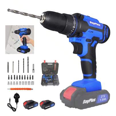 Lucn 21V Cordless Power Drill, Handheld Screwdriver Drill Set With 25+1 Torque Setting, 1500 MAh Li-Ion Battery & Fast Charger, 2-Gear Combi Hammer Drill, Lock 3/8" Chuck Drill Driver Kit With Carrying Case, Blue (With 1 Or 2 Battery Options)