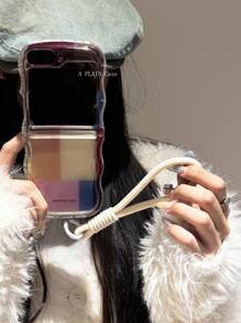 Retro Colorful Checkered Pattern Phone Case, Compatible With Samsung Galaxy Z Flip 6, Z Flip 5, Z Flip 4, Z Flip 3, With Wrist Strap, Lanyard And Wavy Textured Back Cover - Color Block Short Rope - View 4