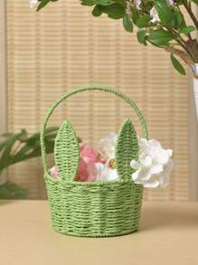 1 件兔耳编织收纳篮 - 多功能可爱，适合复活节、万圣节、圣诞节 | 送给朋友和家人的完美礼物，迷你手工编织卡通耳朵花篮，纸绳插入花篮，纪念品鲜花篮，创意收纳篮