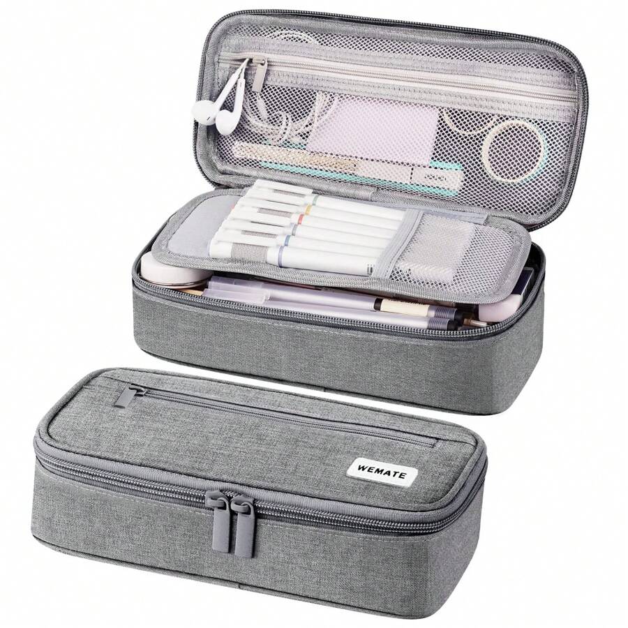 WEMATE 大号铅笔袋，大容量铅笔袋文具笔袋，大容量收纳袋，收纳盒，记号笔盒，男女通用，返校，学校用品 - 淺灰色 - 查看 1