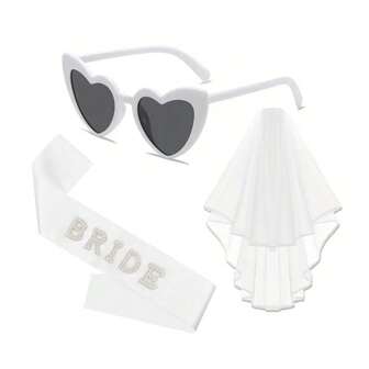3pcs/Set, Bachelorette Party Bride To Be Decorations Kit, Bridal Shower Decorations, Sash For Bride, White Heart Glasses, Veil, Wedding Decorations, Wedding Supplies, Cool Decor, Weird Stuff, Scene Decor,Photobooth Props