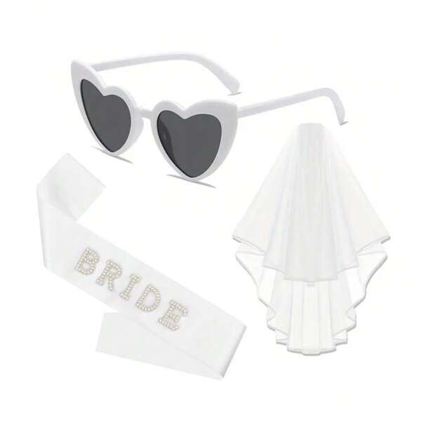 3pcs/Set, Bachelorette Party Bride To Be Decorations Kit, Bridal Shower Decorations, Sash For Bride, White Heart Glasses, Veil, Wedding Decorations, Wedding Supplies, Cool Decor, Weird Stuff, Scene Decor,Photobooth Props
