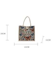 1PC 2025 NEW Butterfly Embroidery Linen Handbag,Khaki Colored Bag, Linen Button Decoration Handbag, Simple Large Capacity Handbag, Portable Casual Storage Handbag, Multi-Functional Shopping Bag, New Design, Large Capacity, Shopping Ideal, Shoulder Bag, Handbag, Lunch Bag, Lunch Box, Messenger Bag, Suitable For Women, Mother's Day Gift, Daily Use, Dating, Birthday, Holiday, Back To School, Summer, Vacation, Beach, Travel