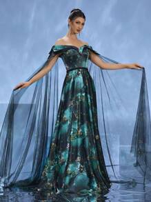 DELLA COUTURE Royal And Glamorous Dark Green Off The Shoulder Train Evening Gown, Wedding Guest Dress ​ Exquisite Floral Print Hand-Embroidered Beads Luxury Formal Wear For Weddings, Galas And Banquets Elegant Romantic Women's Party Dress Summer Collection - Dark Green - View 8
