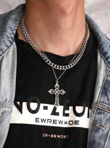 Fashionable Men's Stainless Steel Thick Cross Chain Necklace Set