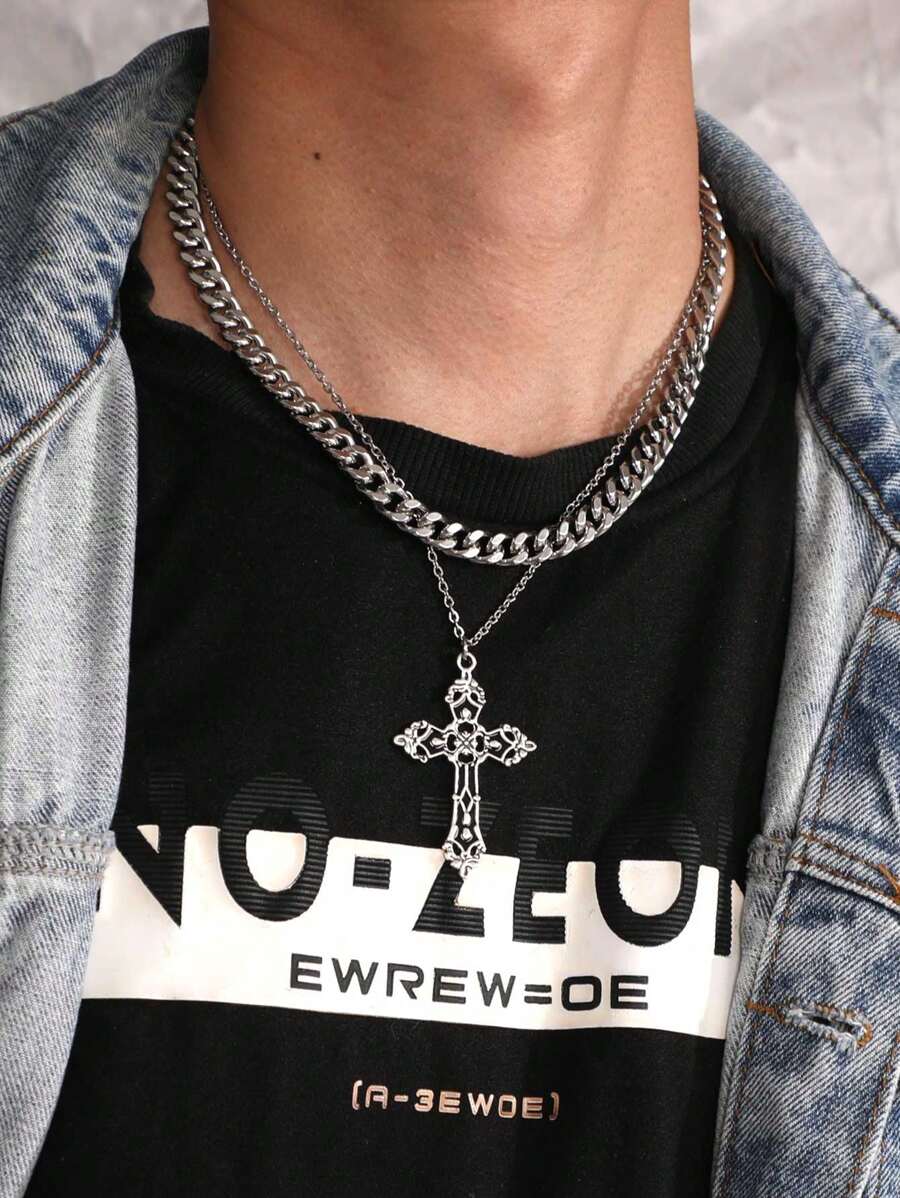 Fashionable Men's Stainless Steel Thick Cross Chain Necklace Set