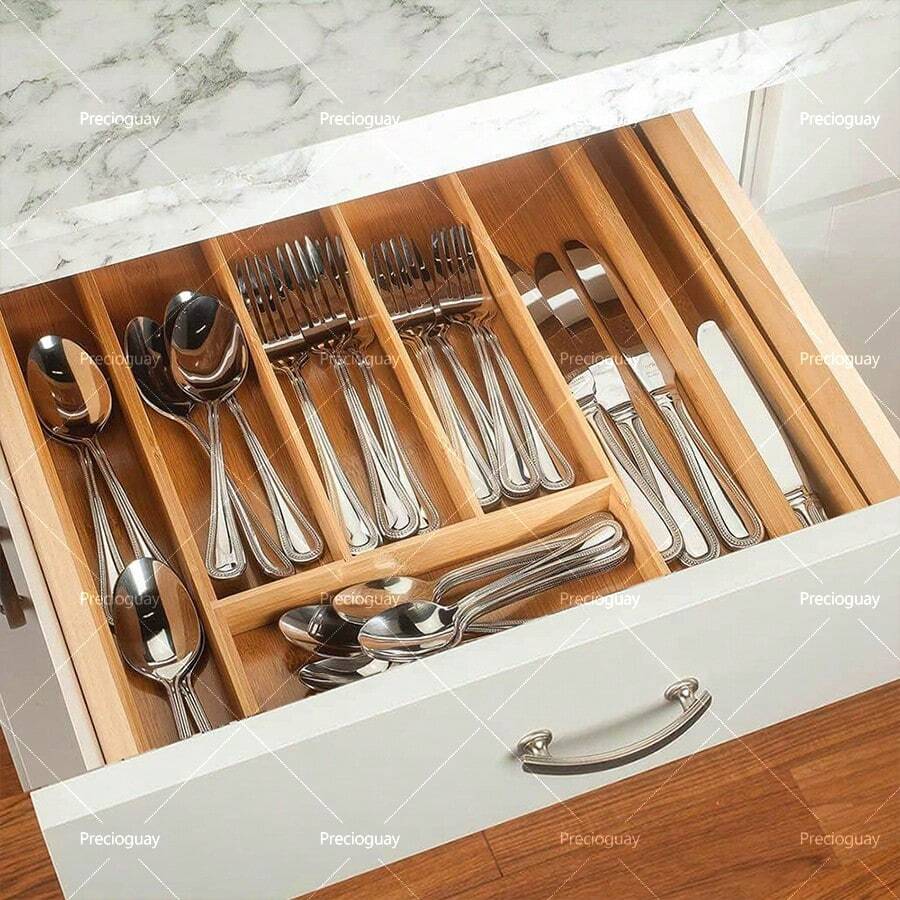 Organizador De Utensilios For Cajón Extensible De Bambú, Cajón De Organización Y Ordenación. Mide 35.5X25.5-36.5 Centimetros. - 原木色 - 查看 1