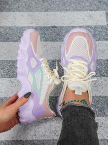 Breathable Dopamine Fashionable Outdoor Couples Road Running Shoes, Unisex Wide Fit, Sweet Elegant Colorful Purple, Stylish Lightweight Lace-Up Casual Sports Sneakers For Women, Comfortable & Non-Fatigued For Everyday Wear, Commute & School