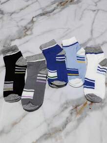 5 Pairs Men's Moisture-Wicking Breathable Striped Crew Socks, Sports Style, Suitable For Spring, Autumn And Winter - Multicolor - View 9