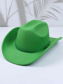 1pc Women's Fashion Green Ribbon Brim Woolen Cowboy Hat, Simple Wide Brim Sun Protection Hat For Hiking, Ideal For Performances, Parties And Unisex Versatile Style - Multicolor - View 4