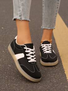 女士舒适防滑圆头系带休闲运动鞋，芭蕾风格运动鞋，百搭日常穿着，户外，春季，黑白 - 白黑色 - 查看 4