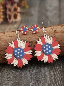 2 Pairs Vintage-Style American Independence Day Sunflower Print Blue & White Star Wood Stud Earrings