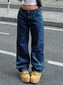 Women Casual Solid Color Water-Washed Wide Leg Denim Jeans For Daily Wear - 深色水洗藍 - 查看 3