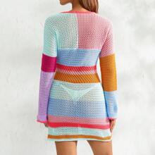 Women Mini Bodycon Dress Cutout Knitted Contrast Color Stripe Long Sleeve Spring Wrapped Dresses - Multicolor - View 4