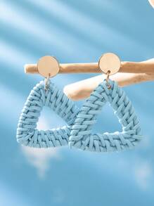 1 Pair Bohemian Style Hollow Geometric Woven Rattan Hoop Earrings For Women, Beach Style - Triangle Blue - View 7