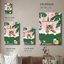 1pc Framed Canvas Wall Art Poster Pop Art Colorful Whimsical Playful Bold Simple Floral Tiger Pink Green. A Tiger Sitting In A Bathtub Surrounded By Flowers Wall Art For Living Room Bedroom Bathroom Kitchen Apartment Hotel, Artful Home Decoration - Framed, Vertical