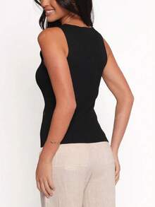 Women's Fashionable & Elegant Round Neck Fitted Knitted Cropped Tank Top, Summer