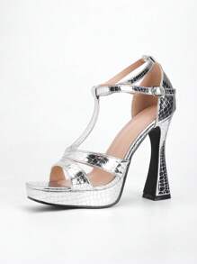 Elegant Party Women's Silver Thick-Soled High Heel Wedge Sandals With Waterproof Platform, Open Toe, Ankle Strap T-Strap Design