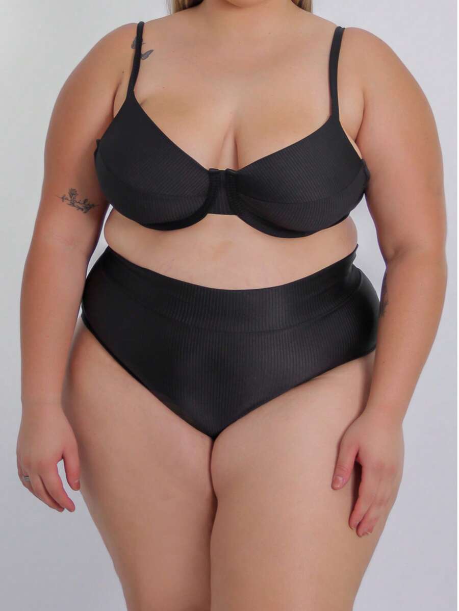 BIQUINI CINTURA ALTA FEMININO PLUS SIZE MEIA TAÇA COM BOJO REMOVIVEL HOT PAINT LANCAMENTO 2025 - Preto - Visão 1