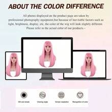 女士粉色假发，26 英寸长直粉色假发，带刘海，自然外观耐热纤维热粉色假发，彩色角色扮演派对女士假发