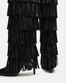 Black Leather Knee High Fringe Boots Layered Fringe Boots Sleek Pointed Toe Stiletto Shoes Fashion Exquisite Luxury Boots - Black - View 5