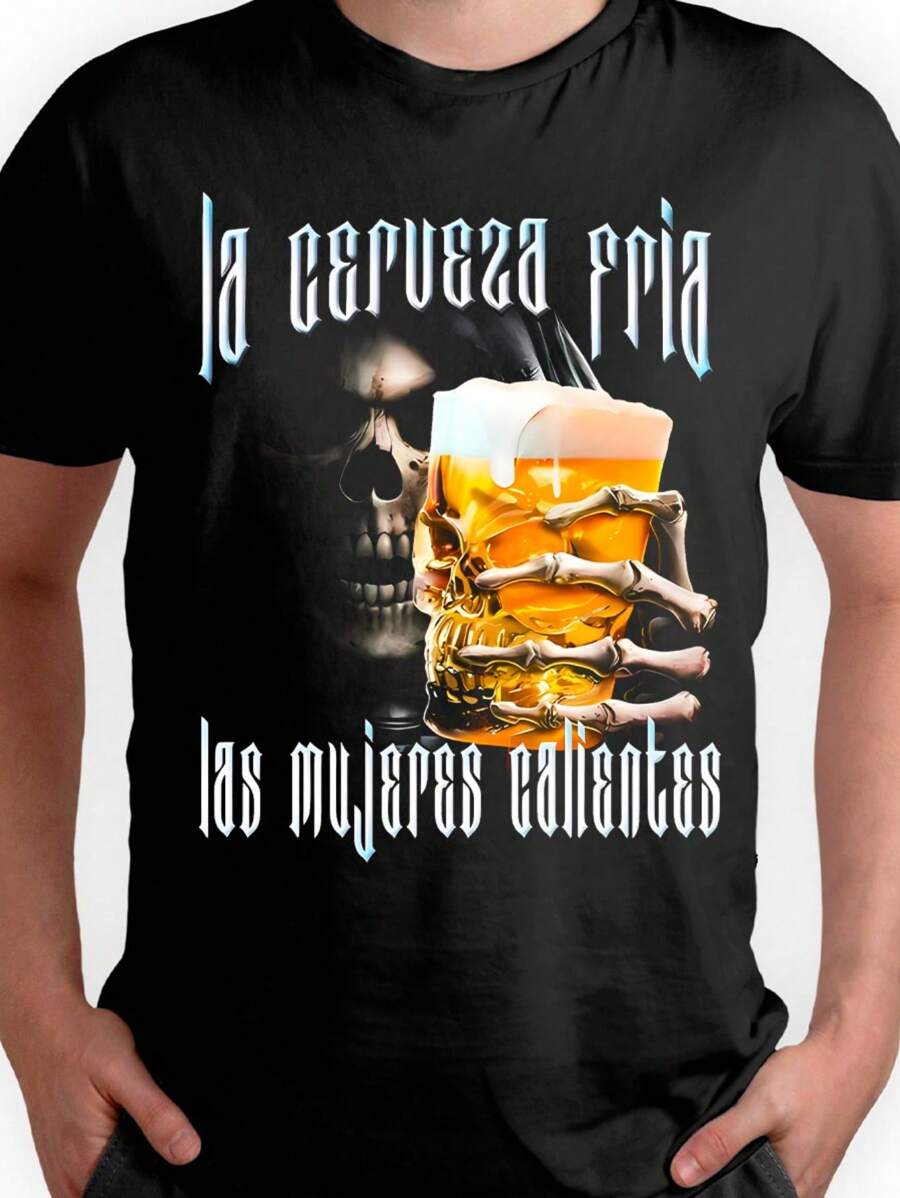 Playera Negra Hombre Calacas Chidas La Cervez Fria  Calientes Casual 100% Algodón - Negro - Ver 1