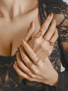 10pcs Set Gold-Tone Minimalist Metal Alloy Heart & Geometric Pattern Open Ring - 10-piece Ring Set - View 1