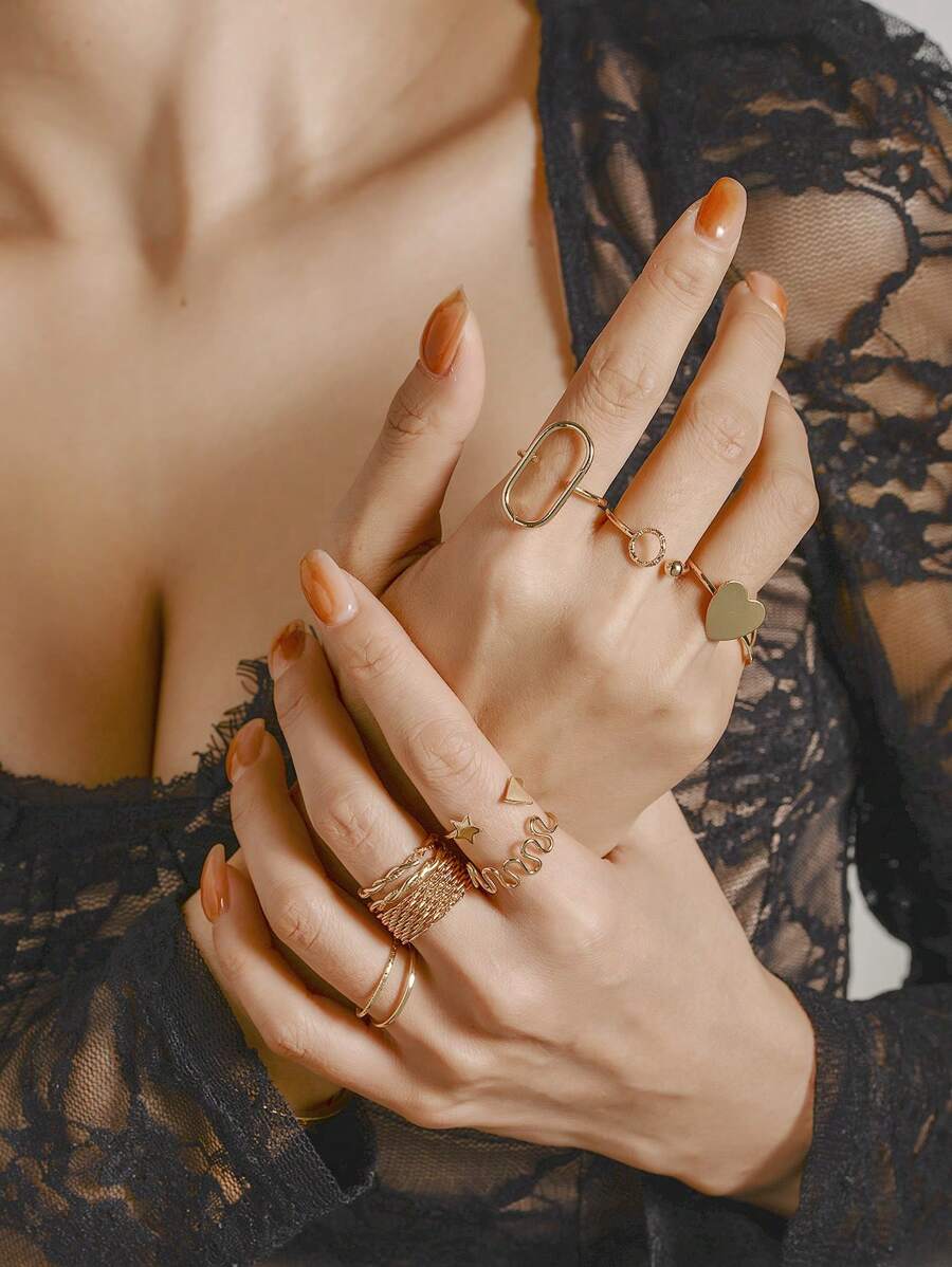 10pcs Set Gold-Tone Minimalist Metal Alloy Heart & Geometric Pattern Open Ring - 10-piece Ring Set - View 1