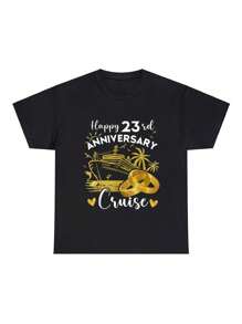 Happy 23rd Anniversary Cruise Tee Wedding Cruise Vacation T-ShirtPrint Crew Neck Casual T-Shirt Short Sleeve Sports Top, Smart Casual/Street Style Women's Clothing - 黑色 - 查看 1