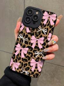 Bow-Knot 1pc Pink Bow & Leopard Print Pattern Full Protection Phone Case Compatible With IPhone 7 8 X XS XR 11 12 13 14 15 16 Pro Plus ProMax, Shock-Absorbing Protective Cover