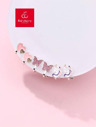 3 Pairs/Card Girls' Butterfly, Unicorn, Heart Shaped Colorful Plated Zinc Alloy Clip-On Earrings, Suitable For Everyday Jewelry Wear