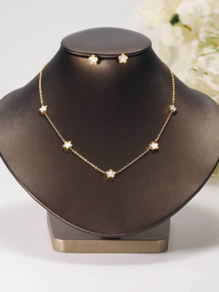 3 件套精致奢华花卉设计不锈钢项链和耳环首饰套装（女士）