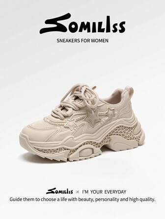 somiliss 1 双 2025 春季新款运动风格防滑女士运动休闲鞋，前系带超细纤维皮革和网眼透气舒适跑步鞋，时尚百搭 2.76 英寸厚底低帮户外步行鞋，杏色