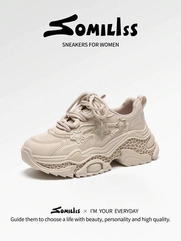 somiliss 1 Pair 2025 Spring New Sports Style Anti-Slip Women's Athletic Casual Shoes, Front Lace-Up Microfiber Leather & Mesh Breathable Comfortable Running Shoes, Fashion Versatile 2.76 Inch Platform Low-Top Outdoor Walking Shoes, Apricot