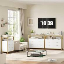 Cómoda moderna de 7 cajones, cómoda blanca con tiradores de metal, cómoda blanca y dorada, cómoda alta con cajones, organizador de almacenamiento de gran capacidad para la sala de estar, entrada, color blanco. - Blanco - Ver 4