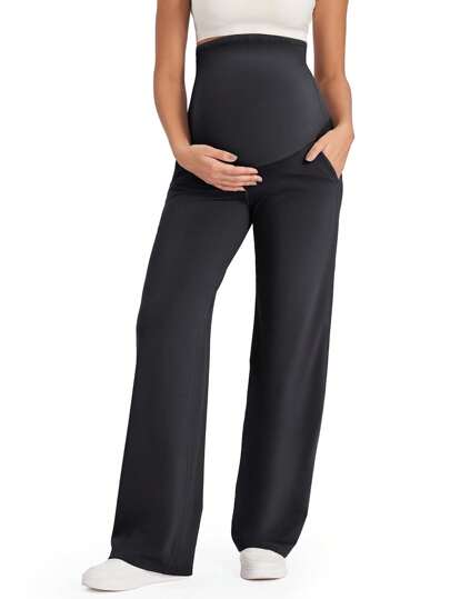 1pc Maternity Elastic Waistband Sports Pants, Loose Fit High Waisted Adjustable Belly Yoga Trousers With Pockets, Casual Wide Leg Pants For Pregnancy