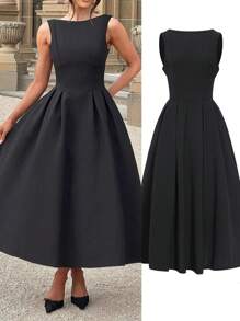 女士 Old Money 风格黑色露背无袖中长连衣裙、A 字连衣裙、约会连衣裙、收腰连衣裙、生日连衣裙、赫本风格连衣裙，适合外出 / 约会 / 派对 / 商务休闲，2025 年夏季和春季新款，夏季服装，女士乡村服装，女士性感俱乐部服装，女士约会之夜服装 - 黑色 - 查看 3