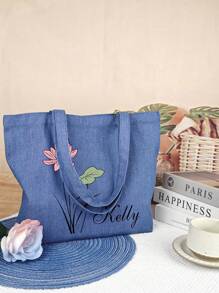 1pc Customized Birthday Flower Text Personalized Canvas Tote Bag, Denim Bag, Large Capacity Shoulder Bag, Casual Canvas Bag For Women, Suitable For Commuting, Shopping, Travel, Dating, Back To School, Gift For Friends, Teachers' Day, Birthday, Anniversary